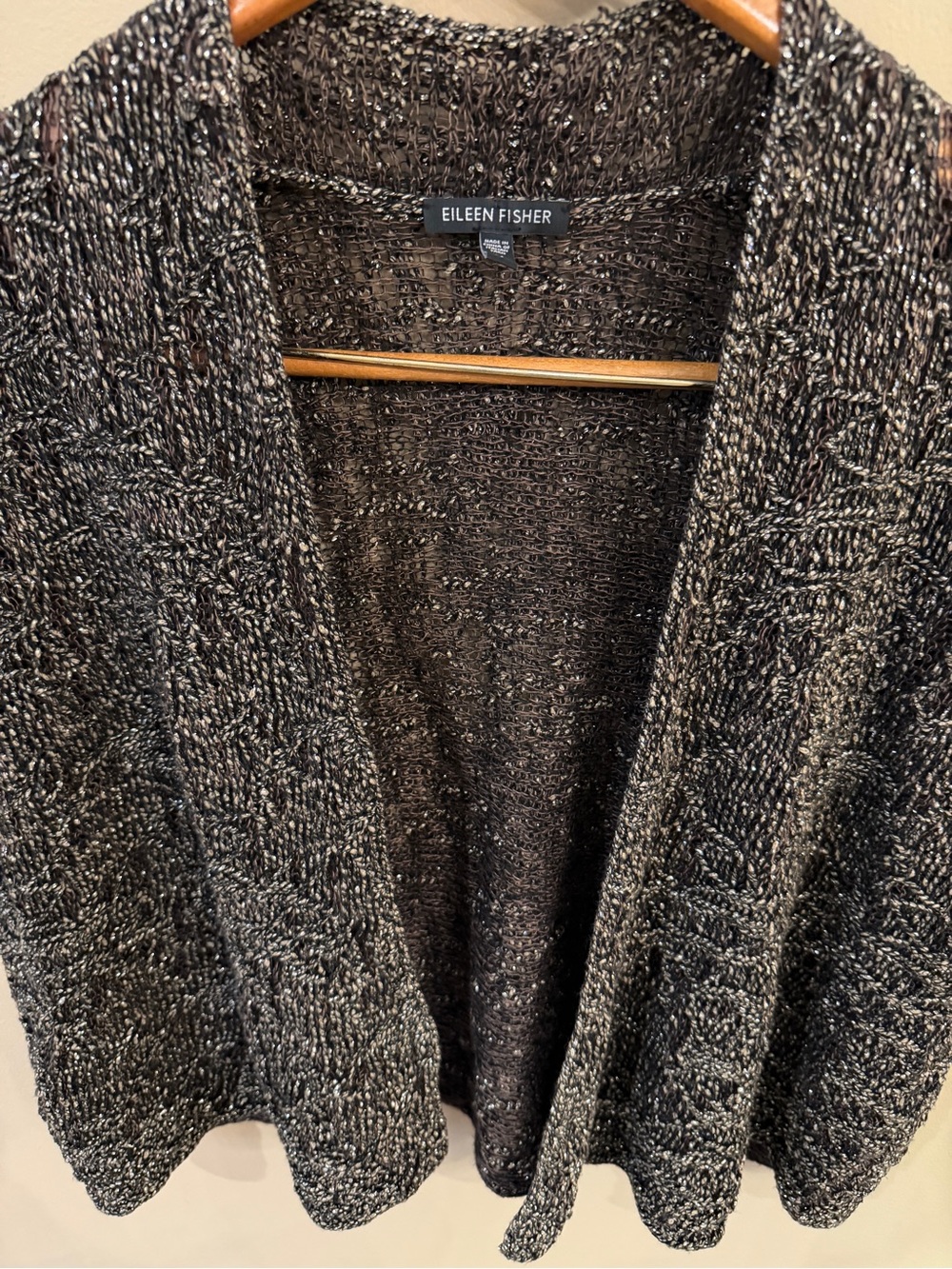 Eileen Fisher Metallic Open Knit Cardigan Shrug Medium Linen Blend Italian Yarn - Picture 3 of 7